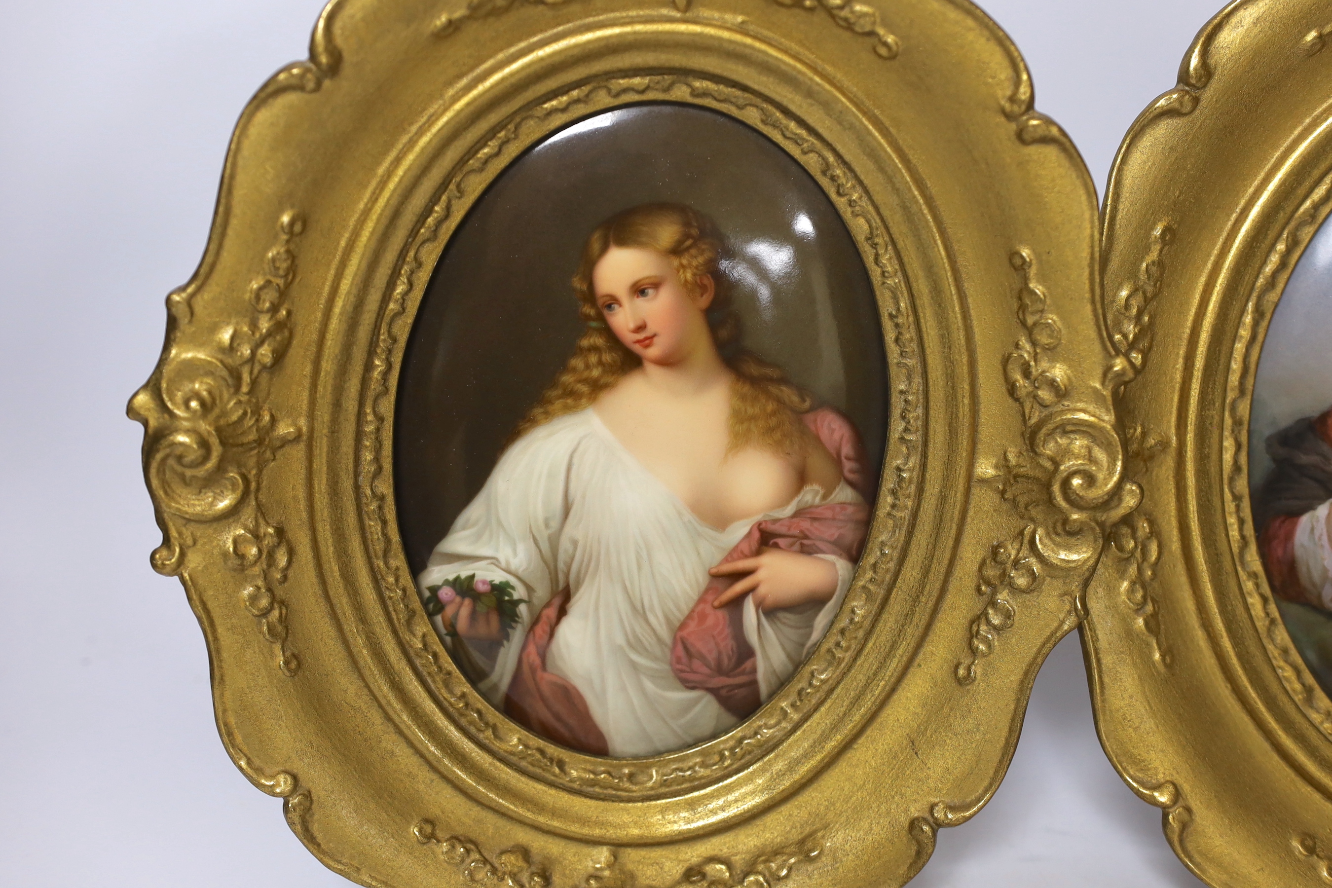 A pair of framed 19th century Paris porcelain oval porcelain plaques, painted with Flora and two ladies, 18x13cm excl frame